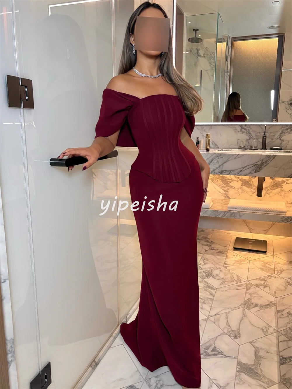 Customized Simple Formal Jersey Pleat Ruched Mermaid Off-the-shoulder Long Dresses Bespoke Occasion Dresses Elegant Matching