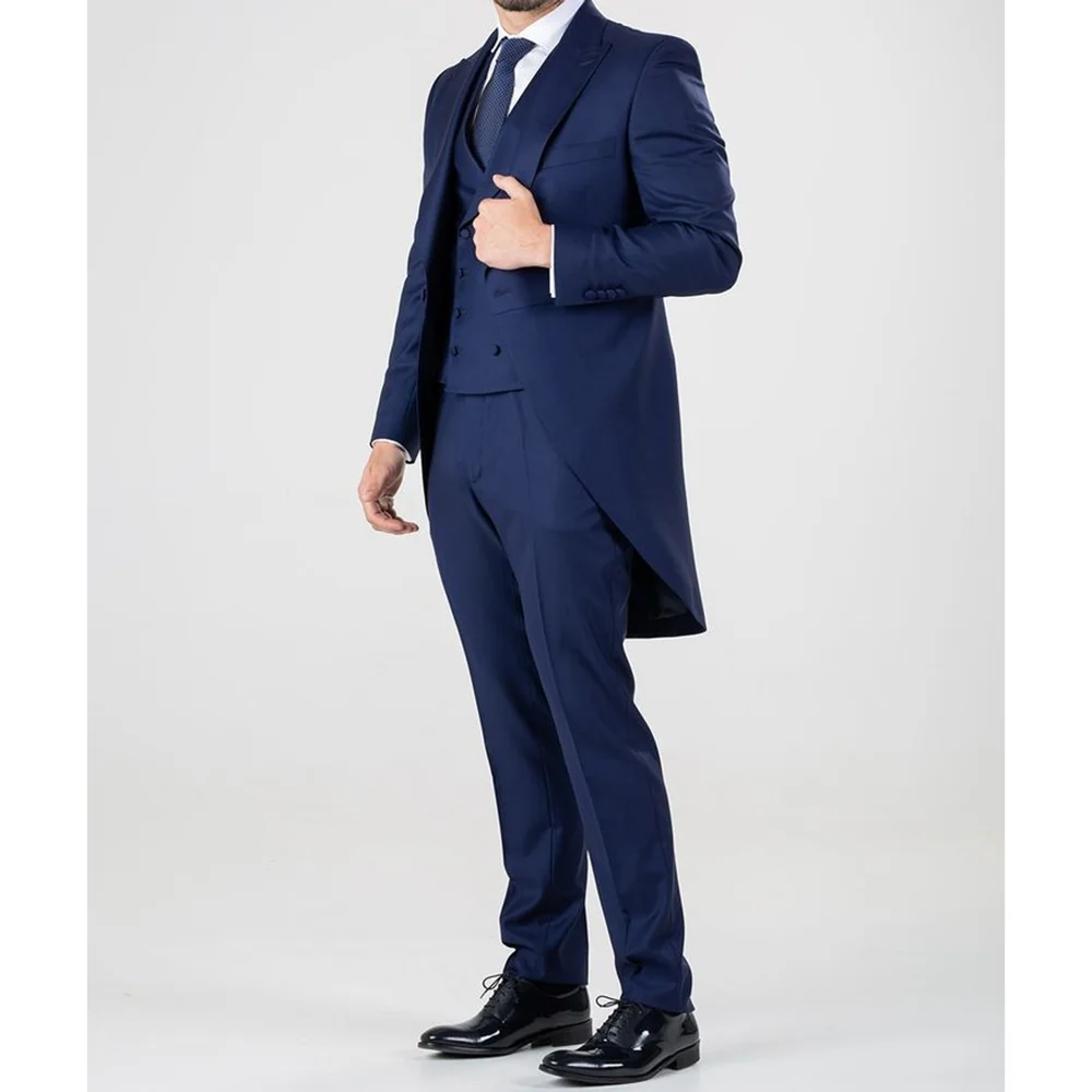 

Navy Blue Tailcoat Men Suit Single-breasted Peak Lapel 3 Pieces(Jacket+Pants+Vest) Male Formal Wedding Party Set