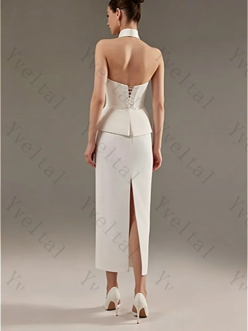 Customized High Neck Matte Satin Backless Wedding Dresses Simple Slim Fitted Waist Back Fork Minimalist Charming Bridal Gown
