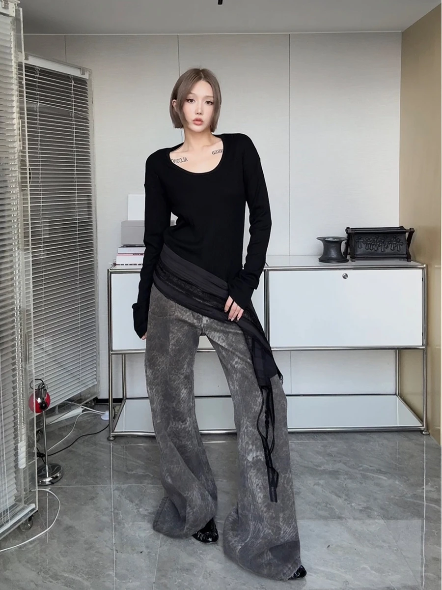 

IAMCPLUS 2025AW Lace Waist Seal Ultra Soft Knitted Long Sve Clean Fit Sle for Ladies T-irt Other 00% Fabric