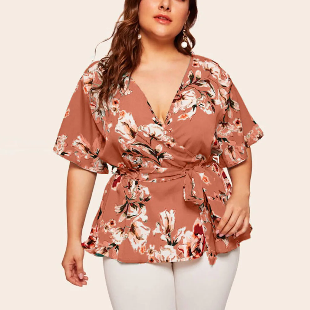 O novo verão 2022 ms grandes jardas camisa com decote em v impressão cintura cinto solto chiffon blusa dinheiro quente