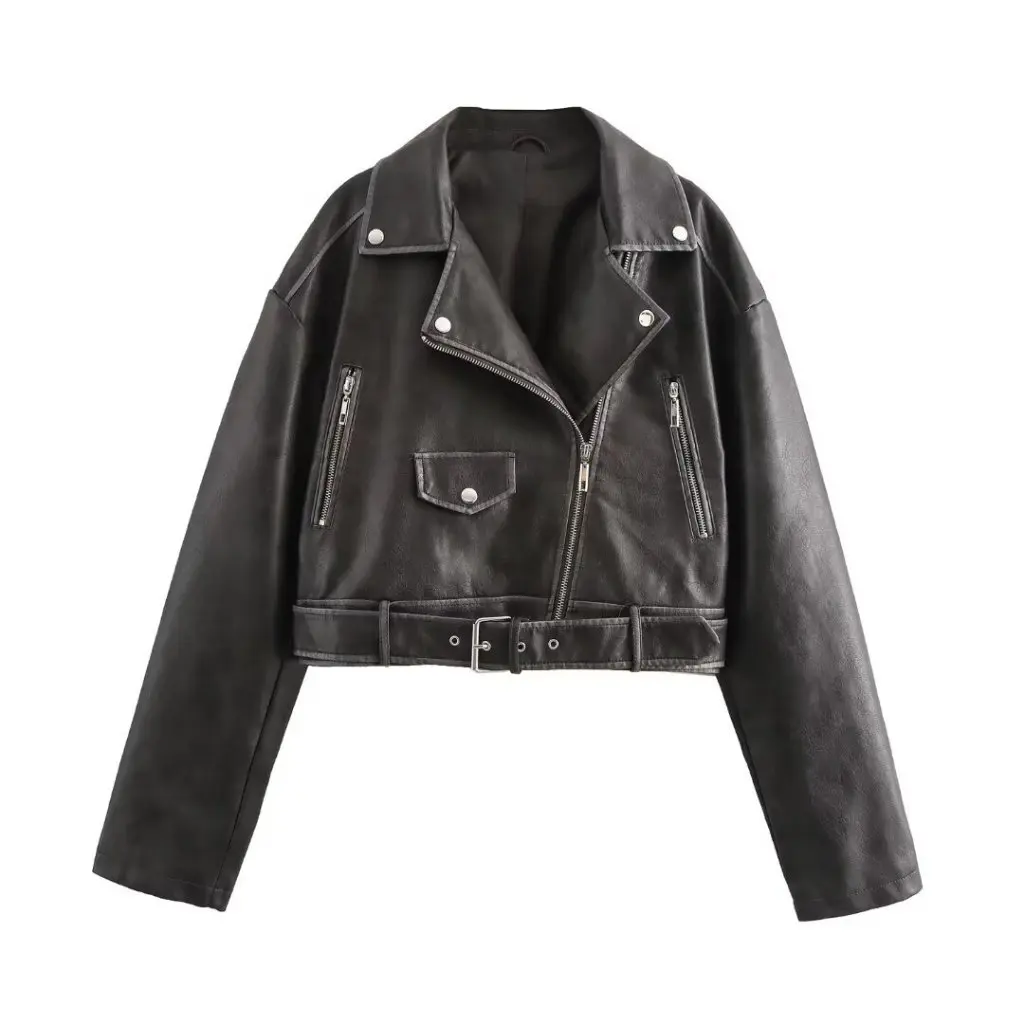 

Women's Autumn Leather Jacket Coat Zipper Lapel Pocket Cross Border Style New Washed Y20499
