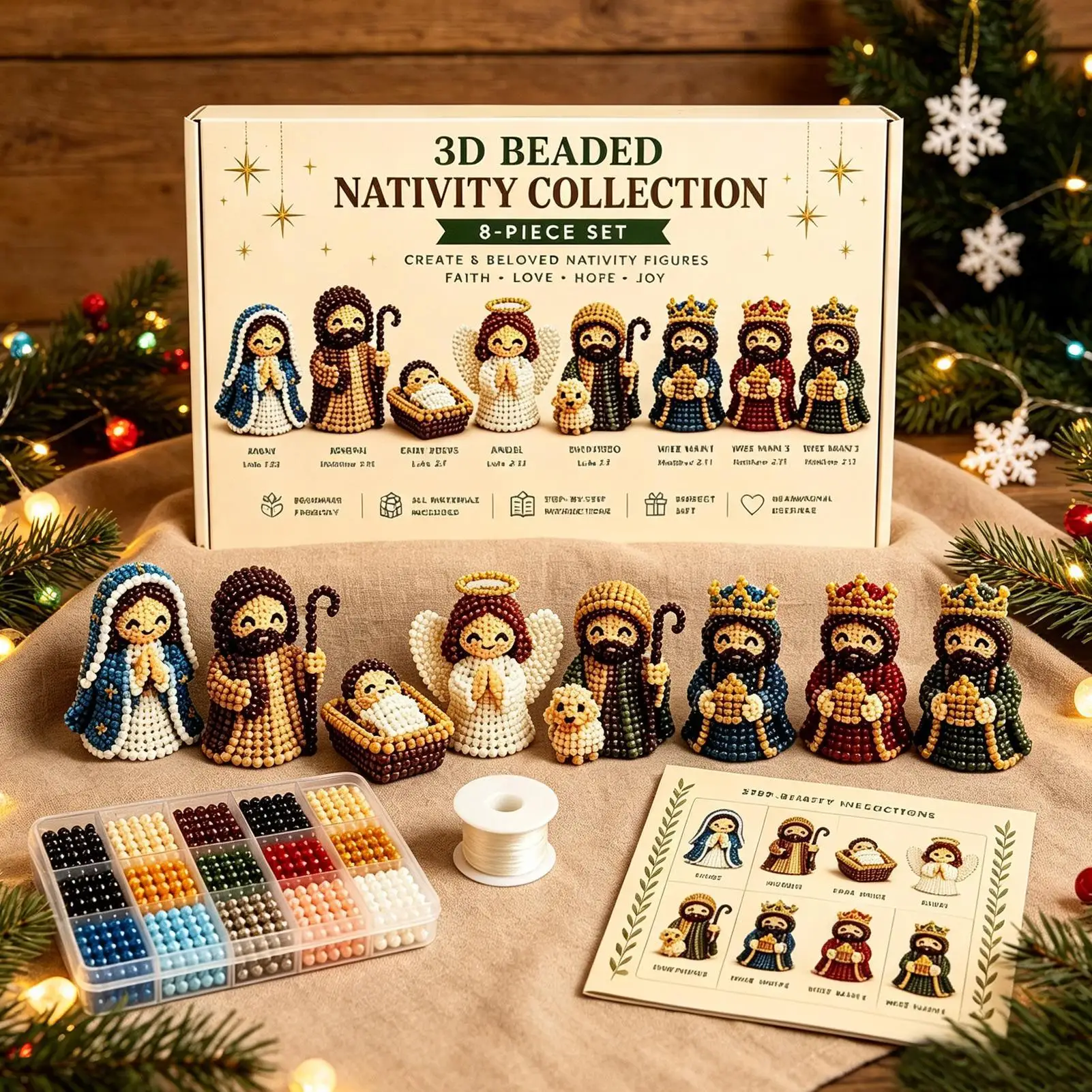 Nativity Bead Craft Kit 3D Beaded Craft Figurines Decor Beading Christmas Figures Kit for Men Women Adults Dad Wife Husband