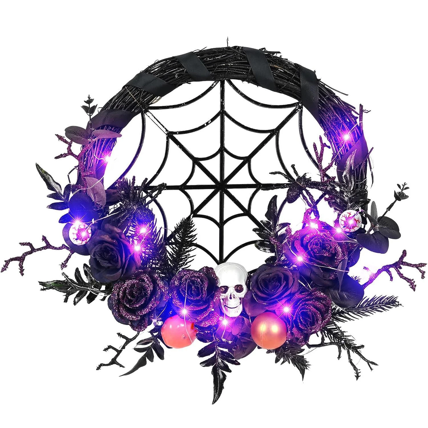 Halloween Wreath Spiders Web Skull Bloody Eyeballs Black Flower Wreaths With LED Light Wreaths For Front Doors Halloween Decor