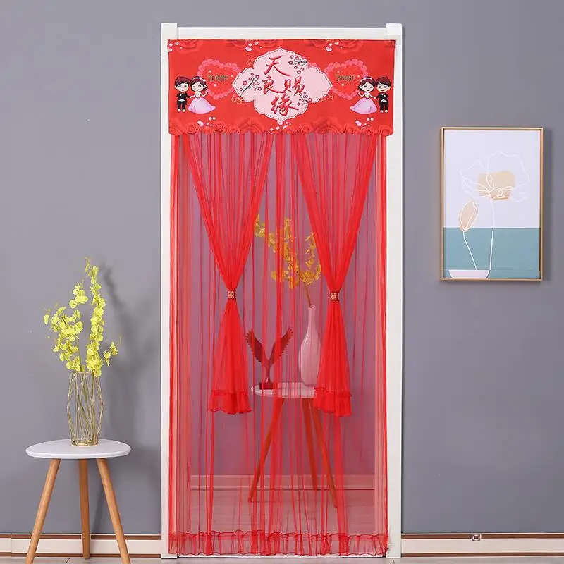 2024 New Red Wedding Lace Door Curtain Living Room Bedroom Partition Cloth Art Silk Curtain No Punching Required Home Decor