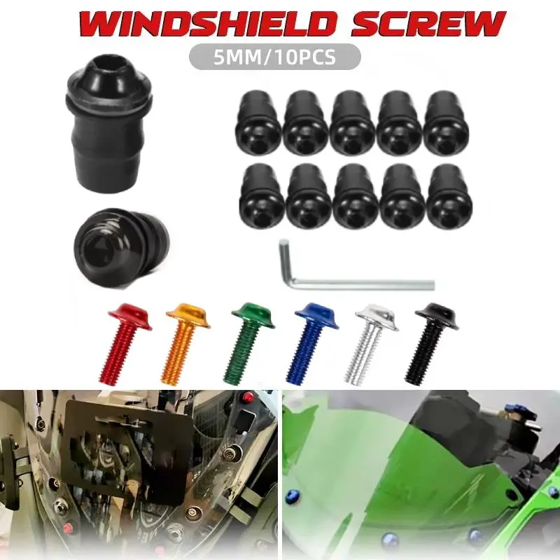 5mm 10PCS Motorcycle Windscreen Windshield Bolts Screws Nut Fastener For Honda Yamaha Fairing Mountings Black Windscreen Screw