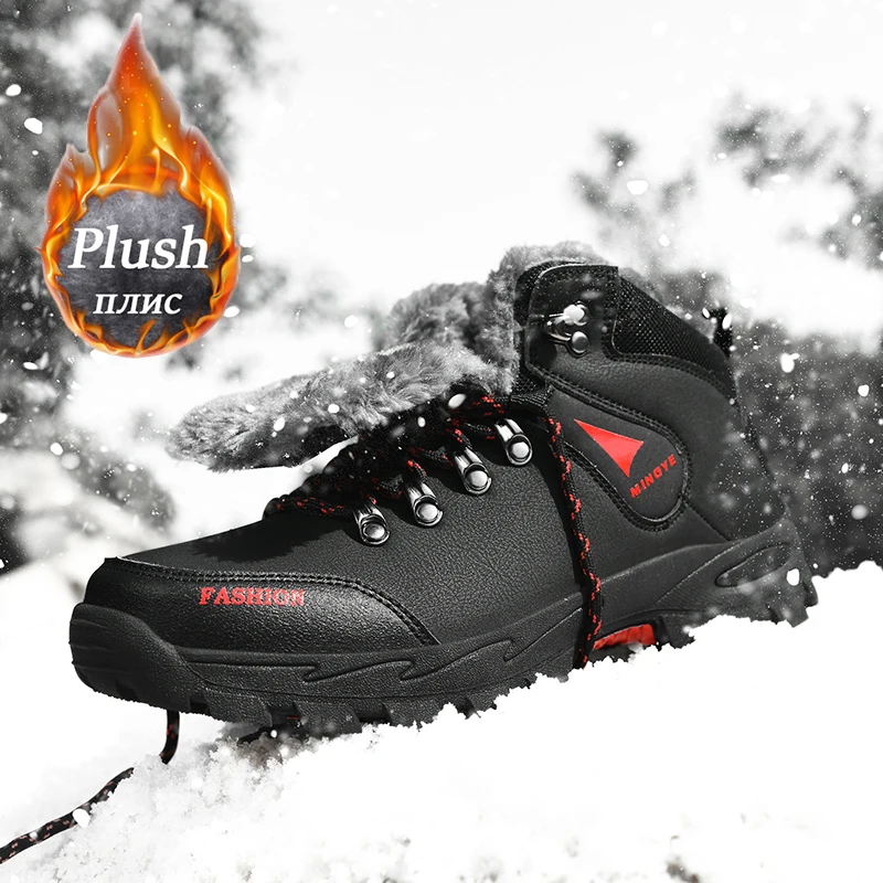 Mens Climbing Boots Upper Waterproof Leather Shoes Man Trekking Warm Snow Boot Winter Plush High Quality Non-Slip Sneakers 39-47