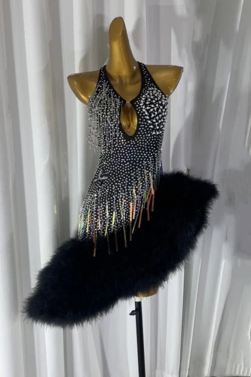 Robe noire à franges pour danse latine, Costume de compétition Sexy, vêtements d'entraînement, jupe courte, Costume de soirée pour adultes, personnalisé