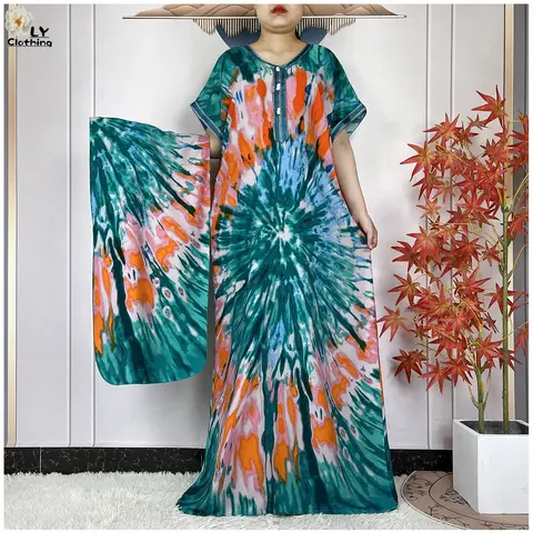 새로운 스타일 아프리카 Abaya 여름 짧은 소매 대시 키 드레스 패션 타이 염색 인쇄 두바이 느슨한 Boubou 맥시 여성 이슬람 의류