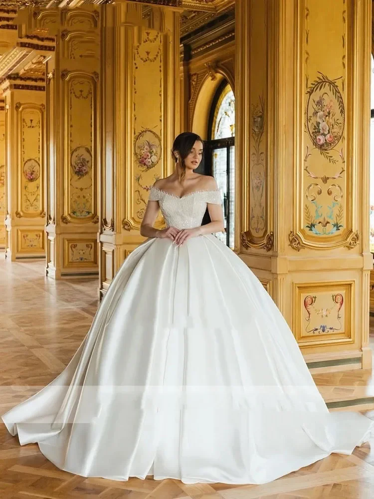 Flavinke Gaun Pengantin Putri Satin Renda Manik-manik Elegan Kustom Gaun Pesta Lengan Bahu Terbuka Gaun Pengantin Jubah De Mariee