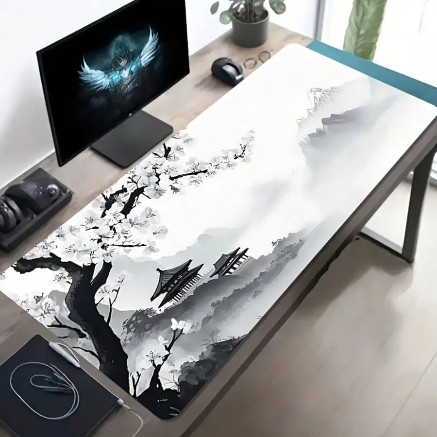 1pc Large Size Game Mouse Pad, Featuring Traditional Chinese Style Landscape And Architecture Design In Black And White Ink Painting. This Anti-Slip Washable