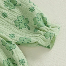 Infant Girls St Patrick s Day Green Clover Print Romper with Matching Headband Cute Bubble Sleeve  Set for Spring