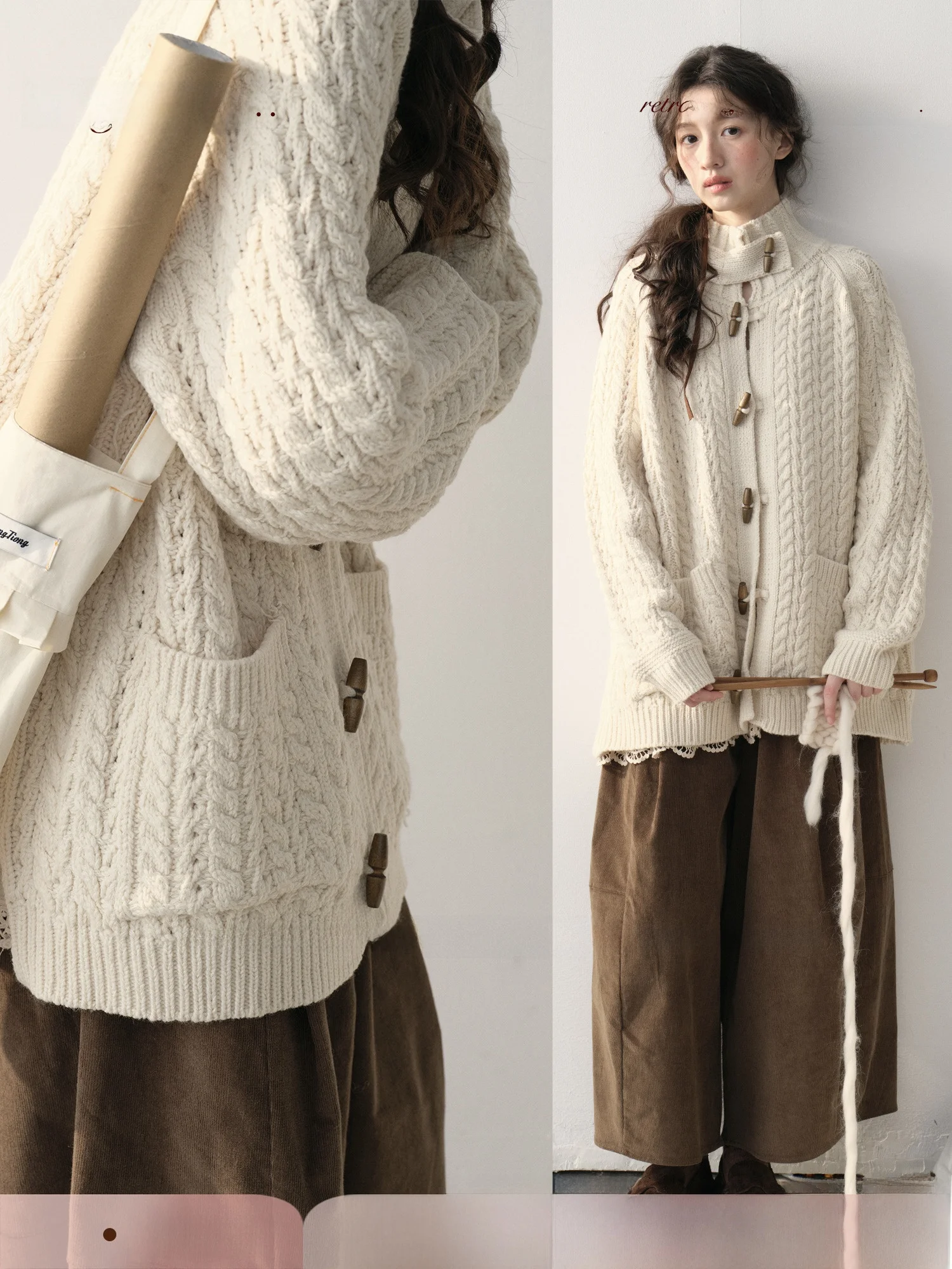 

Retro Torque Pattern Open Cardigan Women's Loose Lazy Sle Sweater Outerwear Autumn Winter Warm Flattering Long Sve