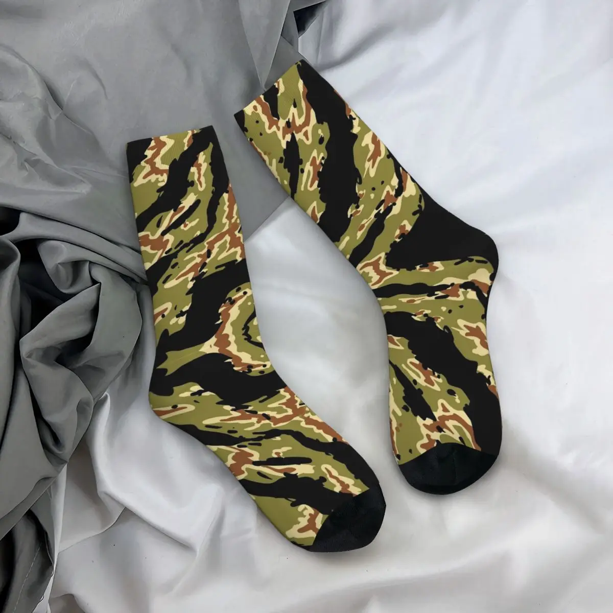 Harajuku Vietnam Tiger Stripe Camo Football Socks Polyester Long Socks for Women Men Sweat Absorbing