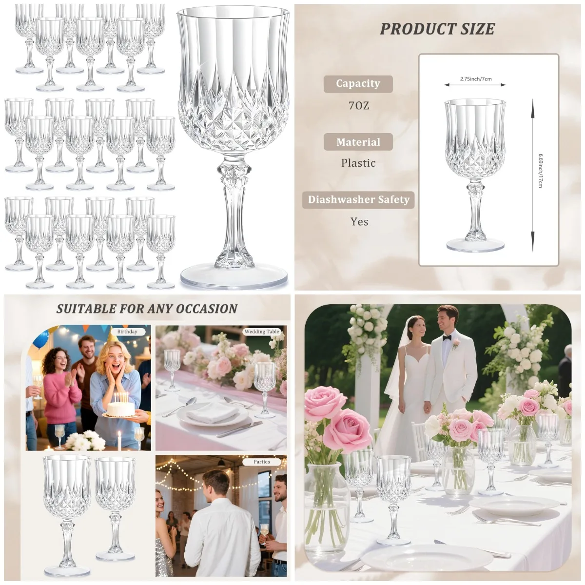 

24PCS 7OZ Transparent Wine Glasses, Crystal-Style Flutes for Wedding & Party