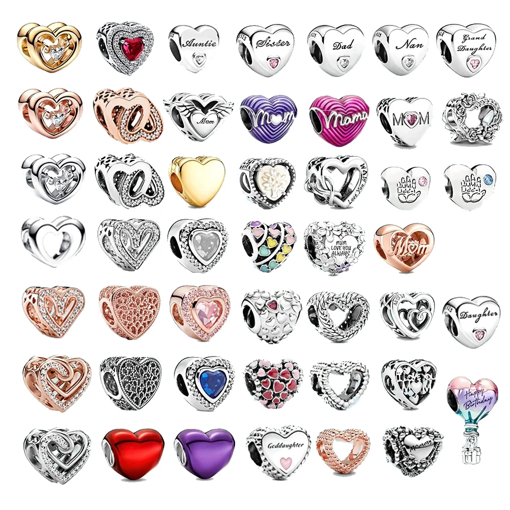 Heart Shaped Charm Beads 925 Sterling Silver fit Original Bracelet Making Jewelry for Women Birthday Mother's Day Gift