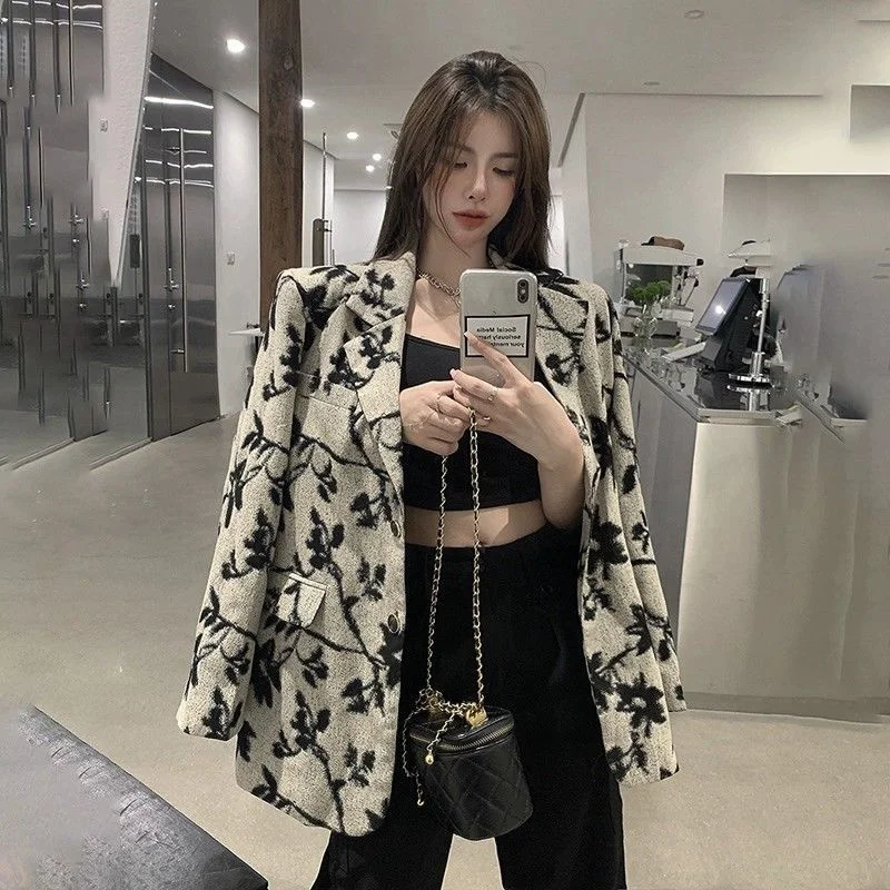 

plus Size 300 Pou Faionable Trendy Design Lapel Suit Jaet Women Autumn Versatile Loose Korean Sle Button Cardigan