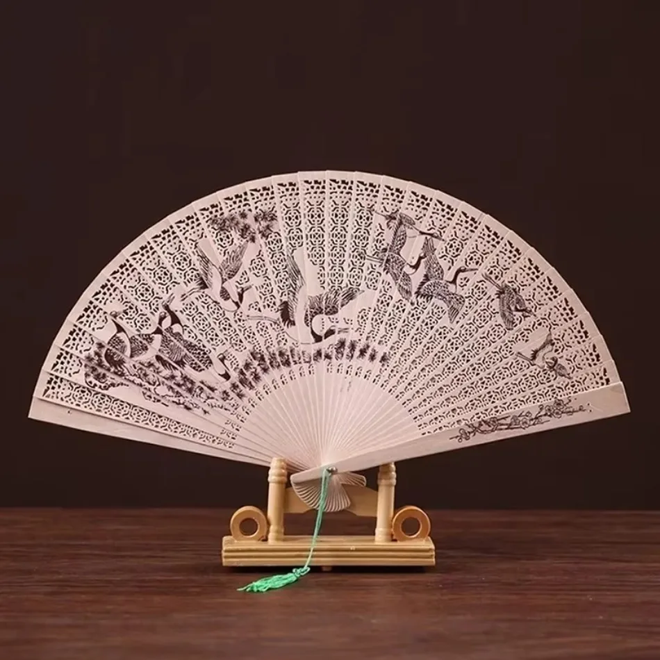 1 Pcs Fragrant Wood Fan Carved Double-sided Hollow Folding Fan Chinese Style Classical Artistic Fan Gift Box Random Pattern