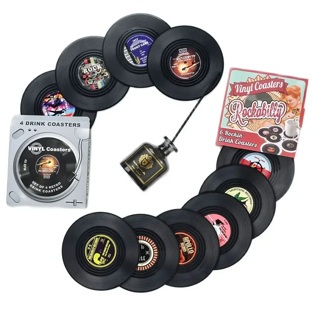 1/4/6 Pcs Colorful Coaster Retro Vinyl Record Disk Coasters For Drinks With Gift Box Funny CD Cup Mats Kitchen Accessories Tools