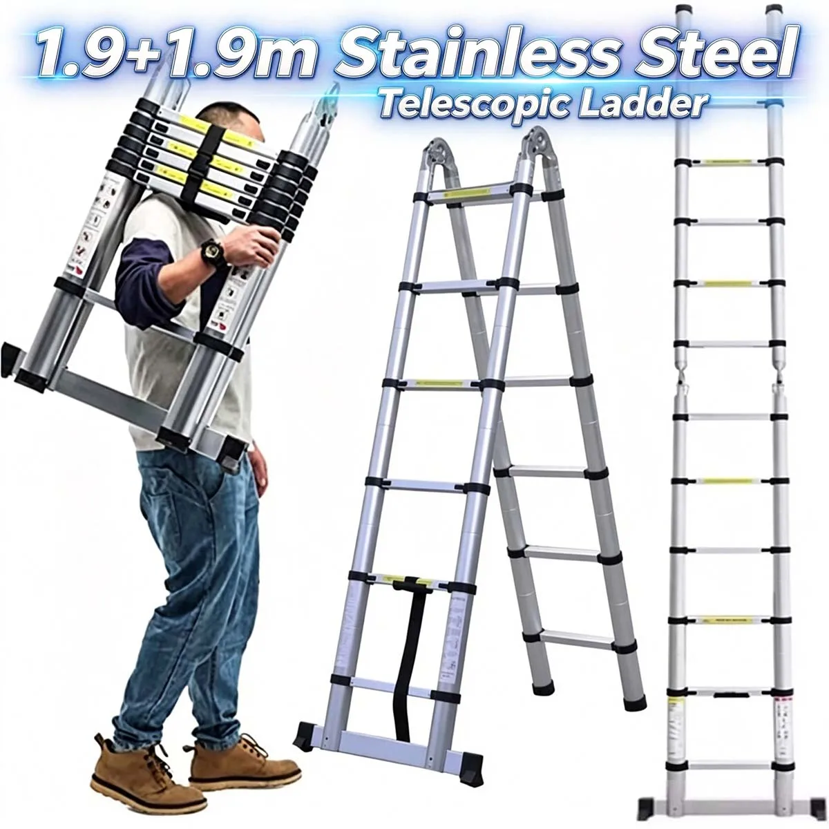 Heim 1,9+1,9m Edelstahl Teleskopleiter mit Stabilisator, Ausziehbare Leitern 150kg Tragfähigkeit Klappleiter