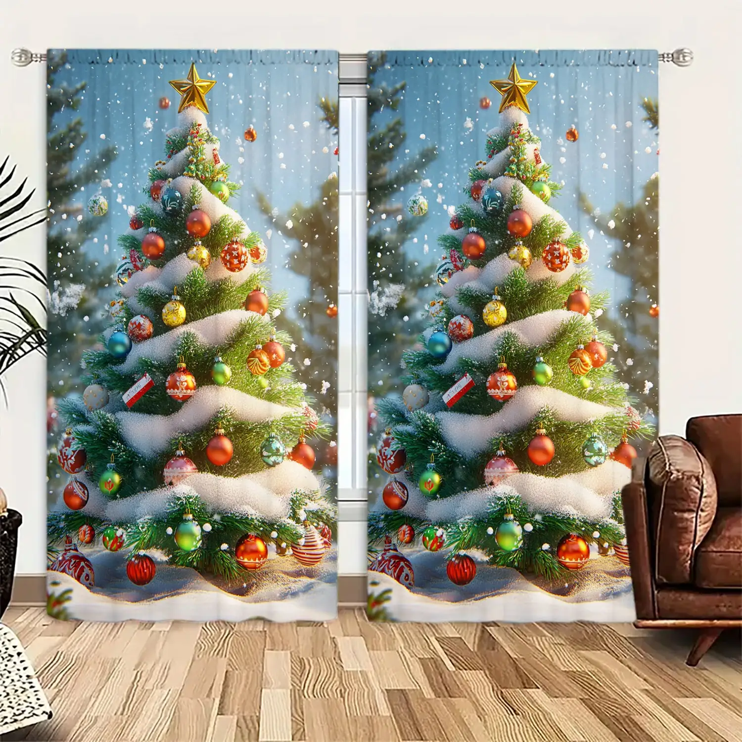 2pcs Christmas Tree Snow Printed Curtain for Christmas Home Decor - Rod Pocket Window Treatment for Bedroom, Office, Kitchen