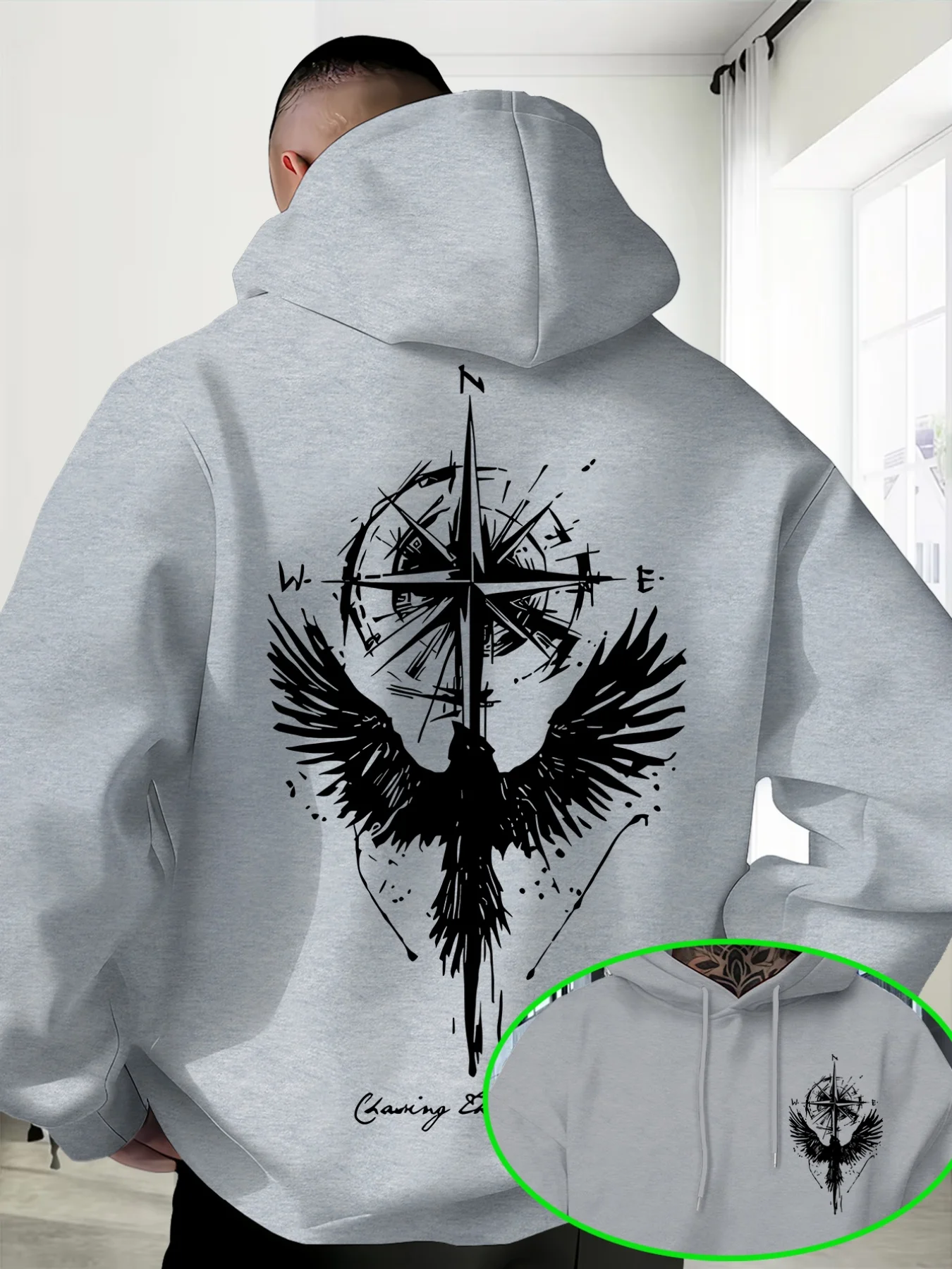 Outdoor adventure-themed men's casual street hip-hop warm and fashionable hooded sweatshirt with compass and bird pattern print.