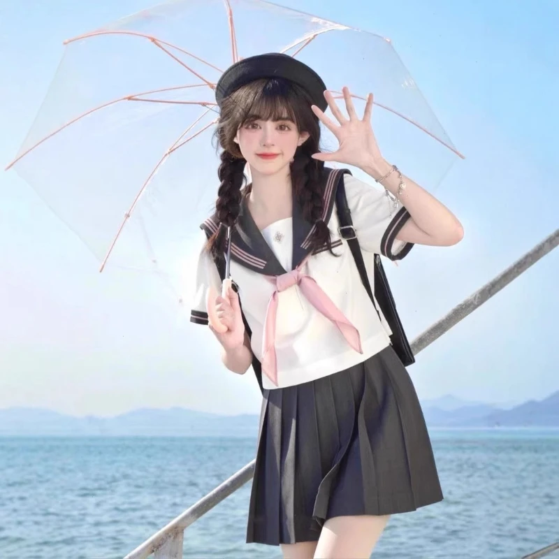 

Sweet Peach Leaf Inspired JK Uniform Short Sleeve Sailor Top with Pleated Skirt Japanese Campus Style Two Piece Set Perfect