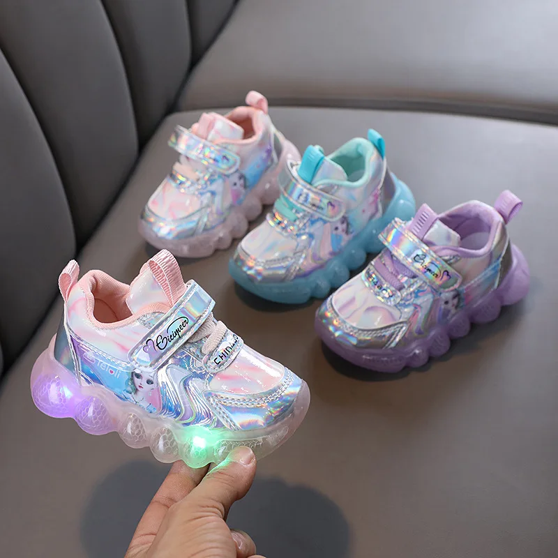 

Disney Children Casual Shoes Frozen Princess Elsa LED Baby Girls Boys Shoes Led Lighted Kids Sneakers Infant Tennis Size 21-30