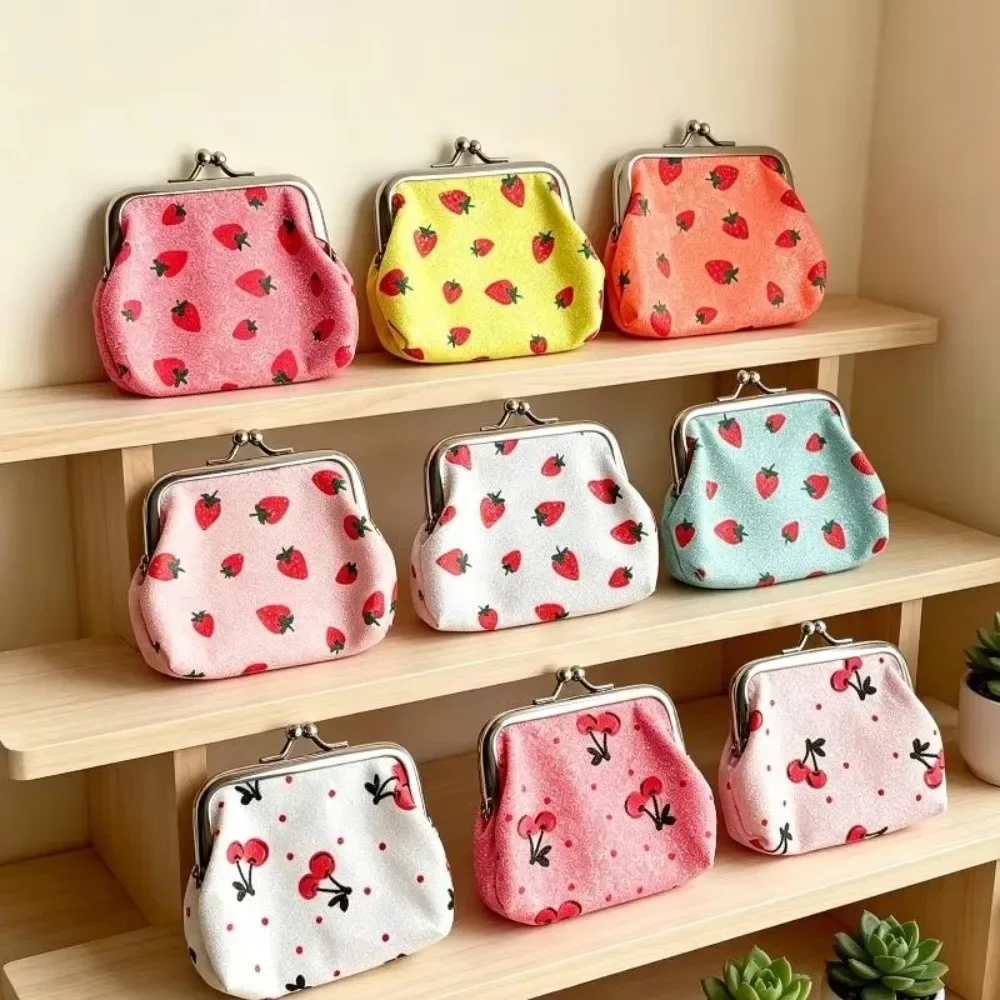 New Fruit Pattern Coin Purse Hasp Closure Multifunctional Lipstick Pouch Strawberry Cherry Print Small Cosmetic Bag for Girls