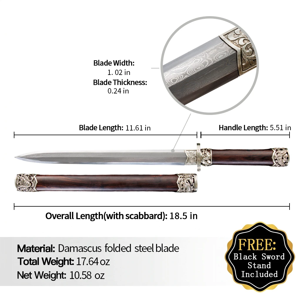 Mini Chinese Short Sword Damascus Pattern Steel with Clay-Tempered Black Sandalwood Scabbard Ornamental Display Replica Sword
