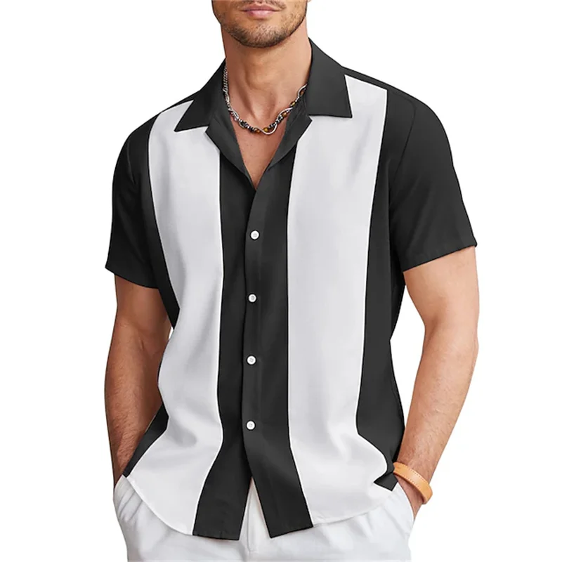 Chemise de bowling décontractée à manches courtes pour hommes, chemise à boutons, revers de couleur assortis, quotidien de rue, 6 couleurs, mode estivale, 2023