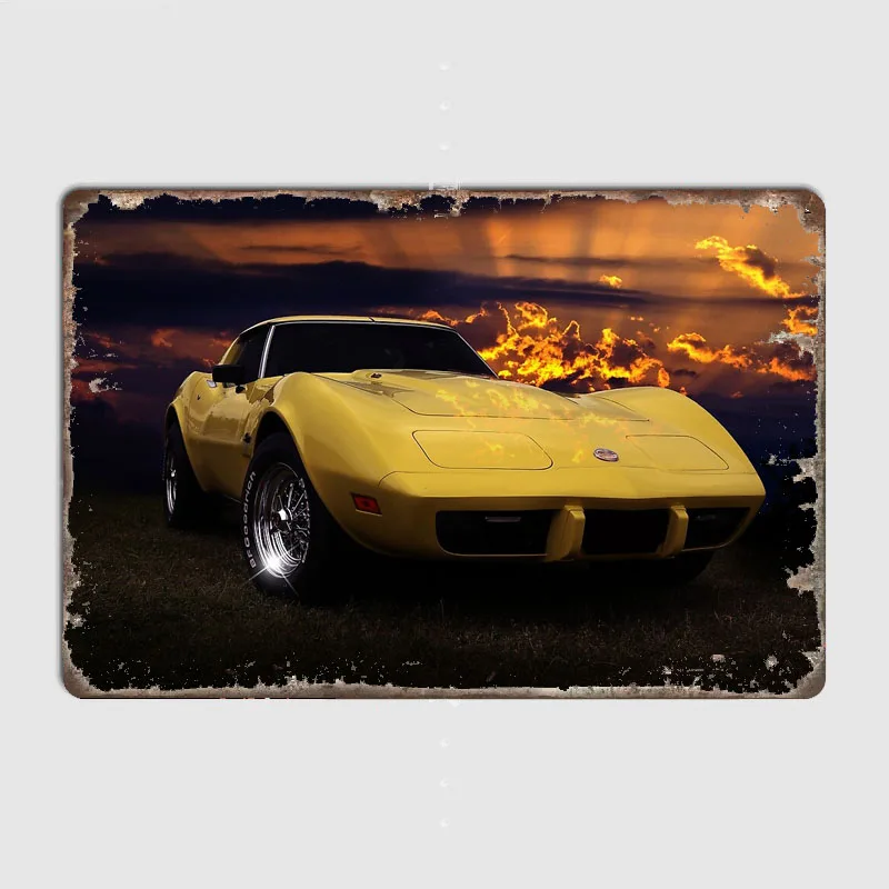 L48 Yellow Corvette Classic Sport Car Metal Sign Poster Garage Car Decoration Room Decor Automobile Club Tin Sign Home Decor