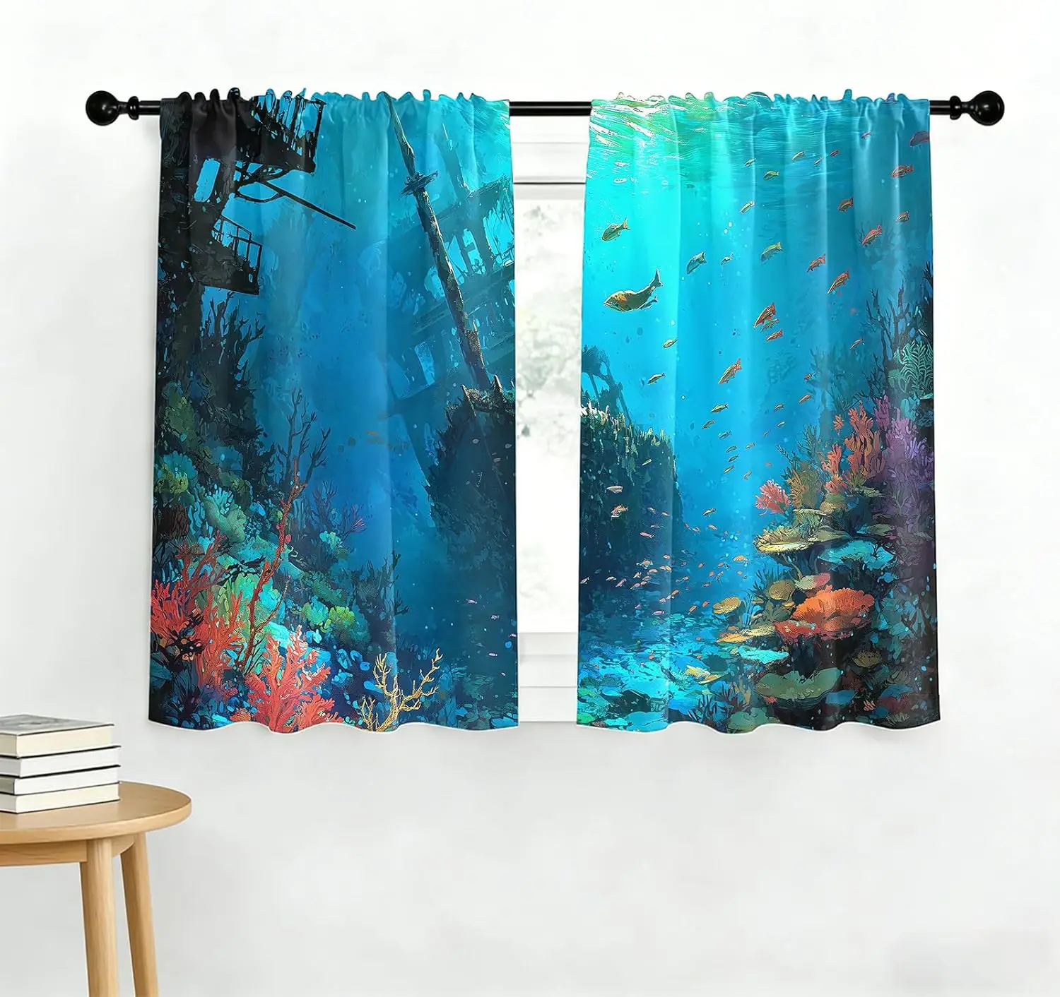 Tropical Ocean Curtains Pair 2 Pcs Coral Reef Sea Life Window Drapery Filter Blue Deep Sea Aquarium Background Home Decor