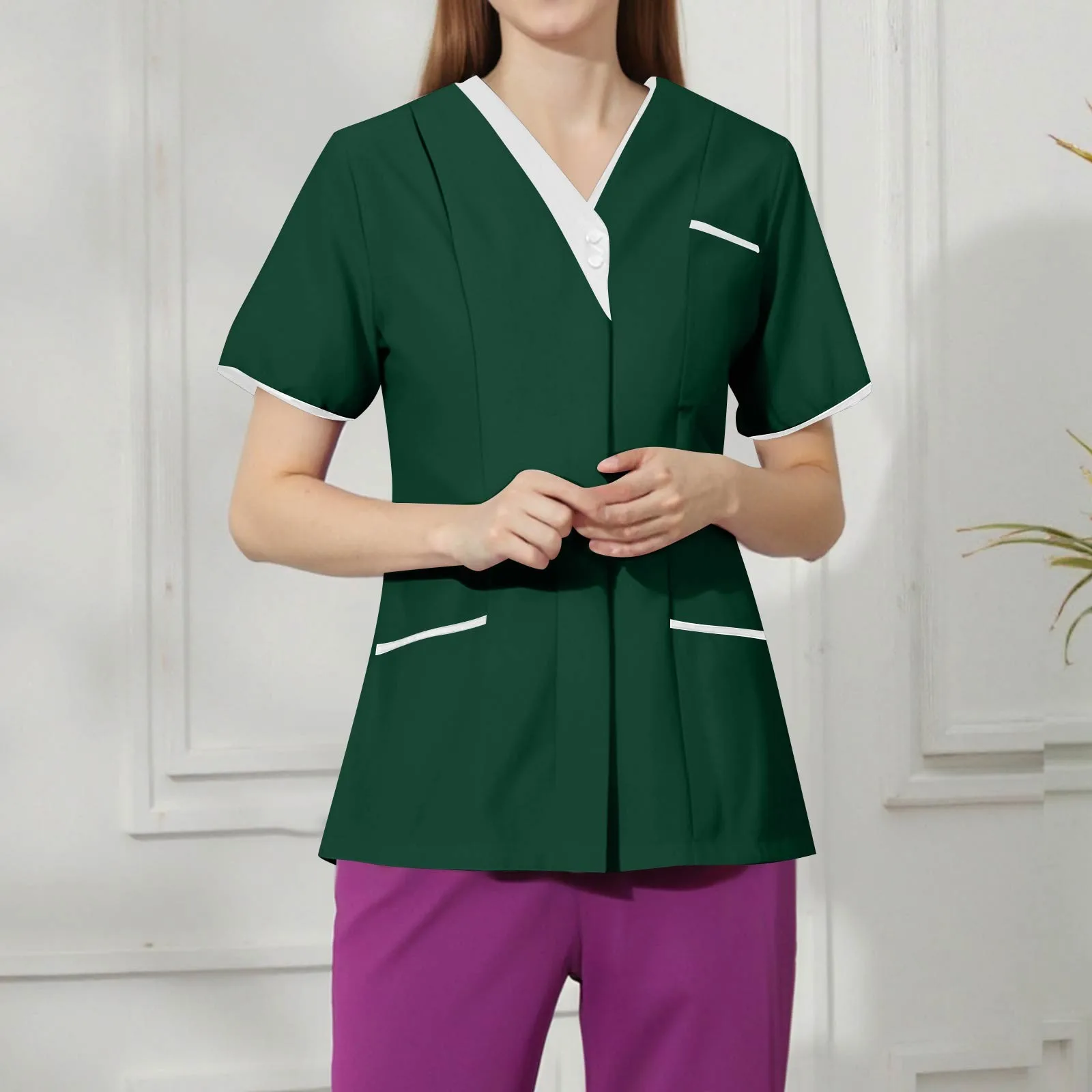 

Women's Scrubs Tops V Neck Short Sleeve Working Blouse Solid Color Undershirts For Women Doctors Nurse Workwear Scrubs Tops