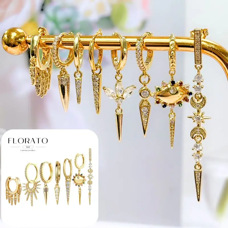 

925 Silver Needle Rivet Micropaved Zircon Pendant Hoop Earrings For Women Punk Vintage Earrings Fashion Party Jewelry Gifts