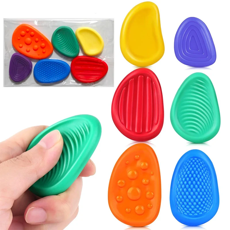 6PCS Fidget Sensory Stone for Kids Adults Worry Stones Silicone Textured ADHD Autism Anxiety Stress Relief Toys Classroom Prize
