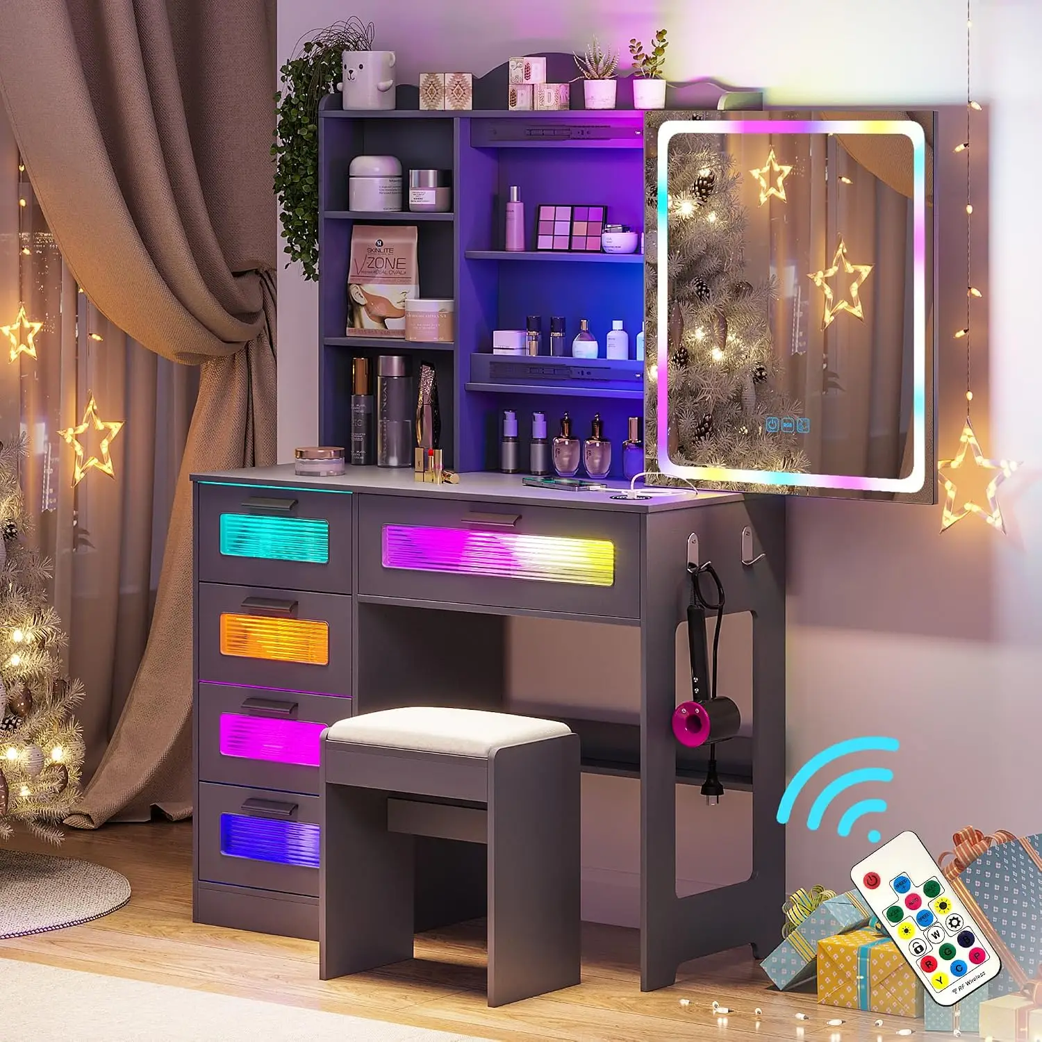 Grey Makeup Vanity Desk with Lighted Miror&Stool for Girls/Women, Customized