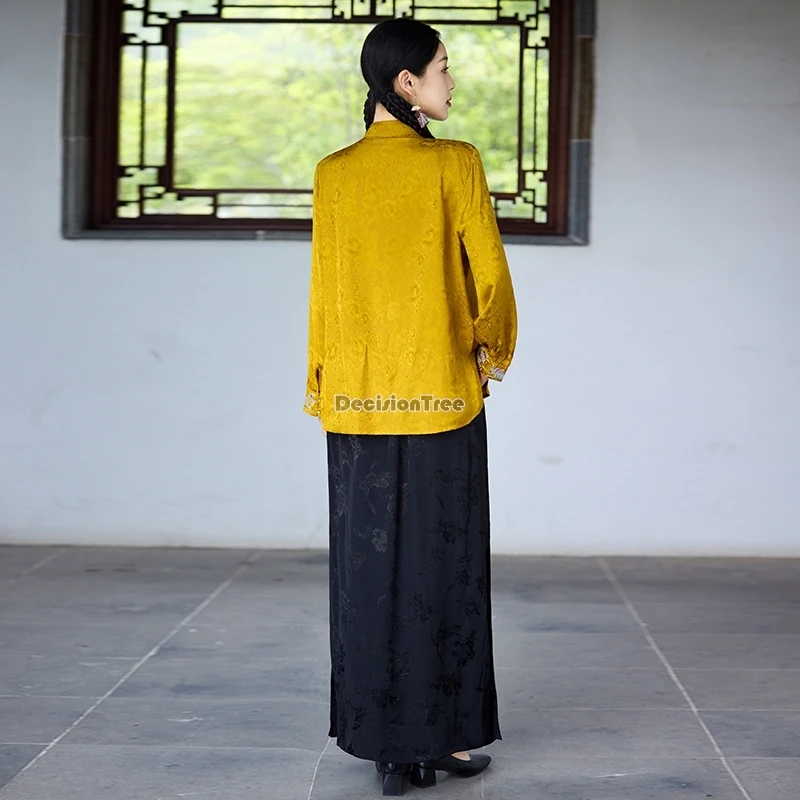 2025 جديد الصينية الرجعية النمط الوطني المطرزة زهرة مرونة الخصر نصف تنورة شق الجاكار تنورة المرأة تنورة طويلة فضفاضة