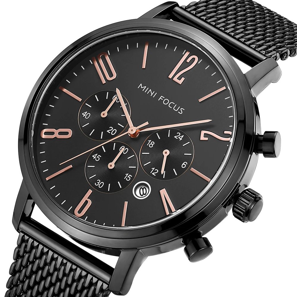 Mini Focus MF0183G Orologio da polso multifunzione Maglia blu Cinturino in acciaio inossidabile Cronografo impermeabile Orologi al quarzo da uomo di moda