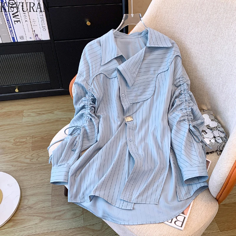 Irregular Striped Drawstring Long Sleeve Shirt Women 2024 Spring Summer Korean Style Casual Loose Turn-Down Collar Blouse Tops