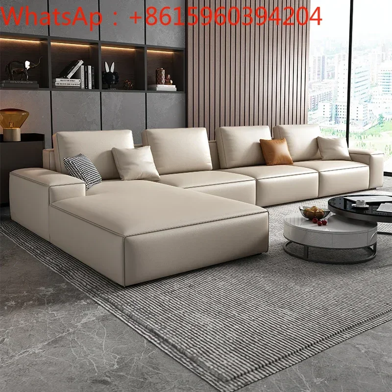 Small leather sofa, modern living room, first floor, cowhide Italian minimalist, three- or four-seater inline tofu block sofa