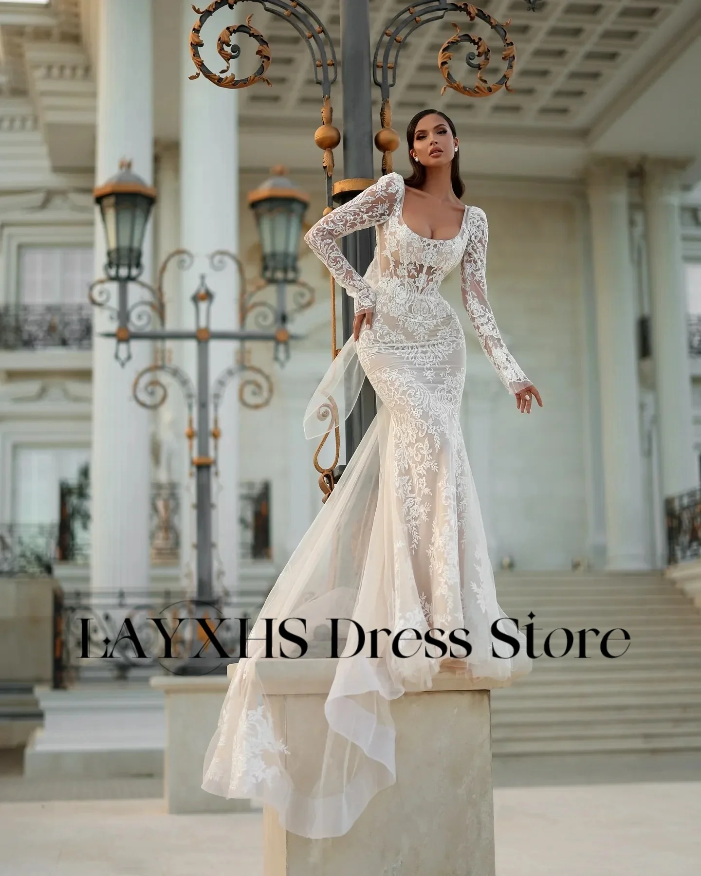 LAYXHS Vintage Square Neck Brautkleider Spitze Lange Ärmel Meerjungfrau Backless Bogen Brautkleider Angepasst vestidos de novia