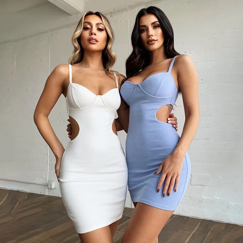 Elegancka letnia seksowna sukienka dla kobiet V Neck Sleeveless Hollow Out Rib Knitting Bodycon Backless Club Party Mini Vestidos Dress