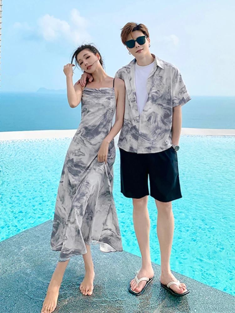 Beach Vacation Couple Outfit 2026 New Watercolor Short Sleeve Shirt Dress Trendy One Skirt One Top Breathable Summer Clothing