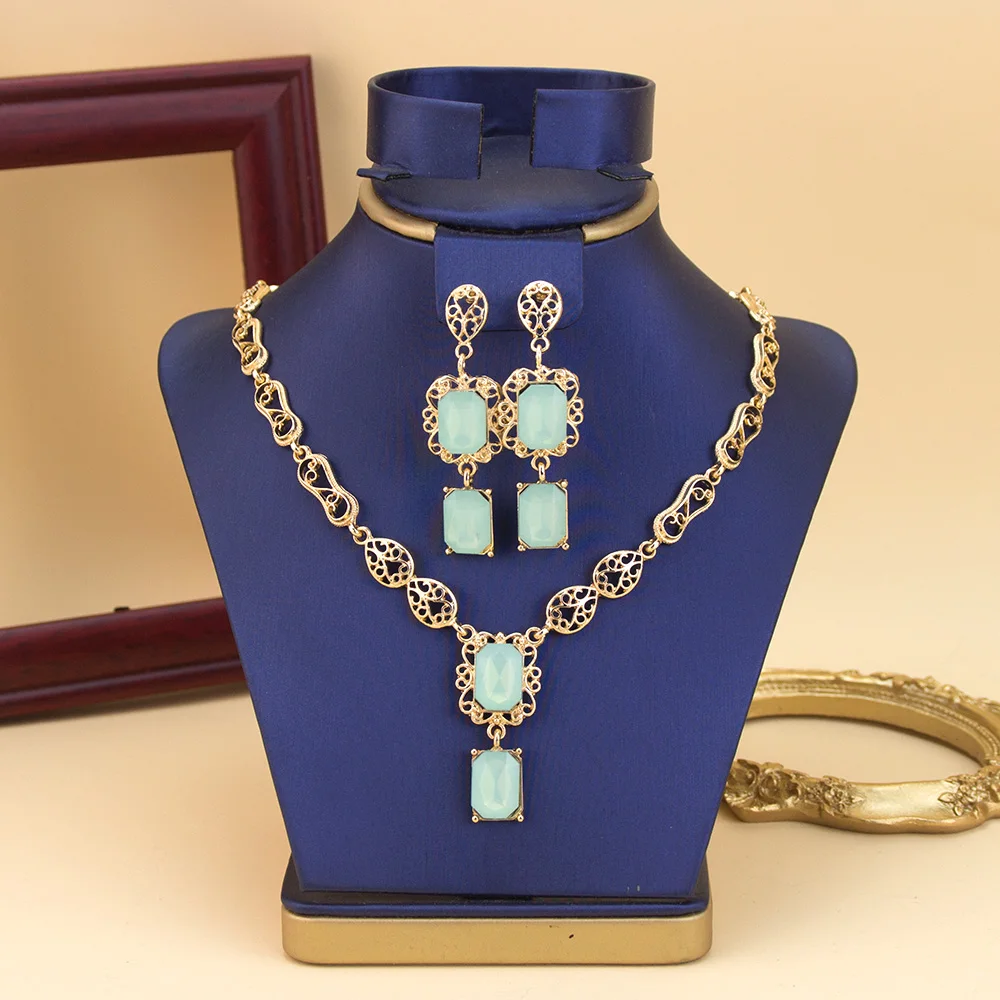 Sunspicems Algeria Moroccan Necklace Earring Set For Women Luxury Arabic Crystal Square Pendant Neck Chian Bridal Jewelry