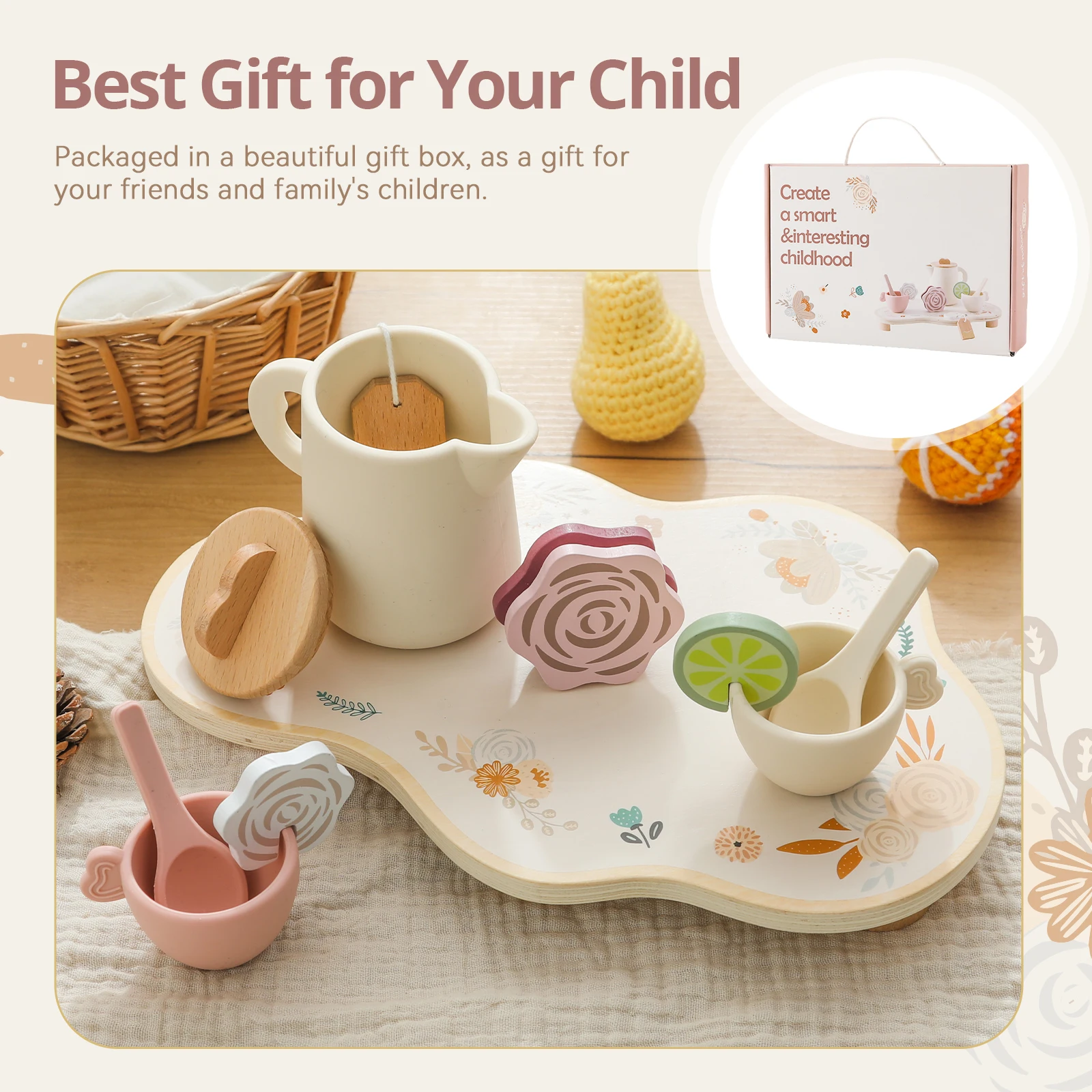 Let's Make-Service à thé en bois pour enfants et parents, jeu de simulation, gâteau de cuisine, jouets en silicone pour filles, tasse à thé