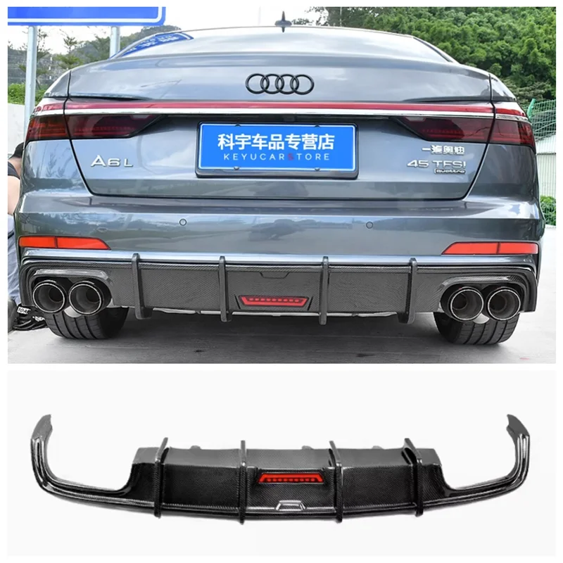 

For Audi A6 C8 2019 2020 2021 2022 (With The Lamp) High Quality Carbon Fiber Rear Bumper Lip Diffuser Spoiler Exhaust Cover