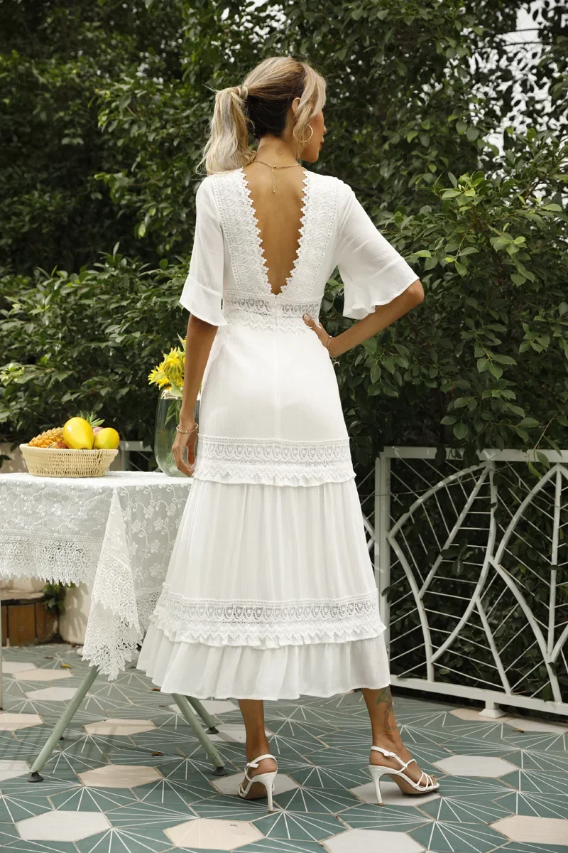 Robe Maxi Blanche en Dentelle pour Femme, Style Bohème, Col en V, Couleur Unie, à Volants, Couverture de Plage, ixde Mariage, Éducatif, Été, 2023