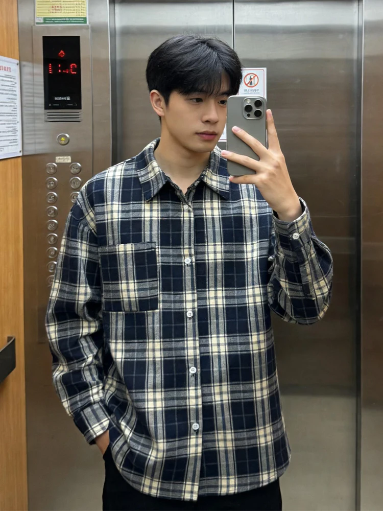 

Trendy Youth Spring Plaid Long Sve American Retro Sle Men's irt Inner Wear Layering Outerwear k Blue Striped Button up