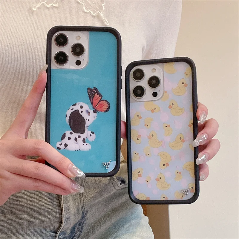 Wildflower Cute Dog Cat Phone Case for iPhone 16 15 14 13 12 Pro Max Plus 14plus 15plus 16pro Pet Duck butterfly Cover Funda